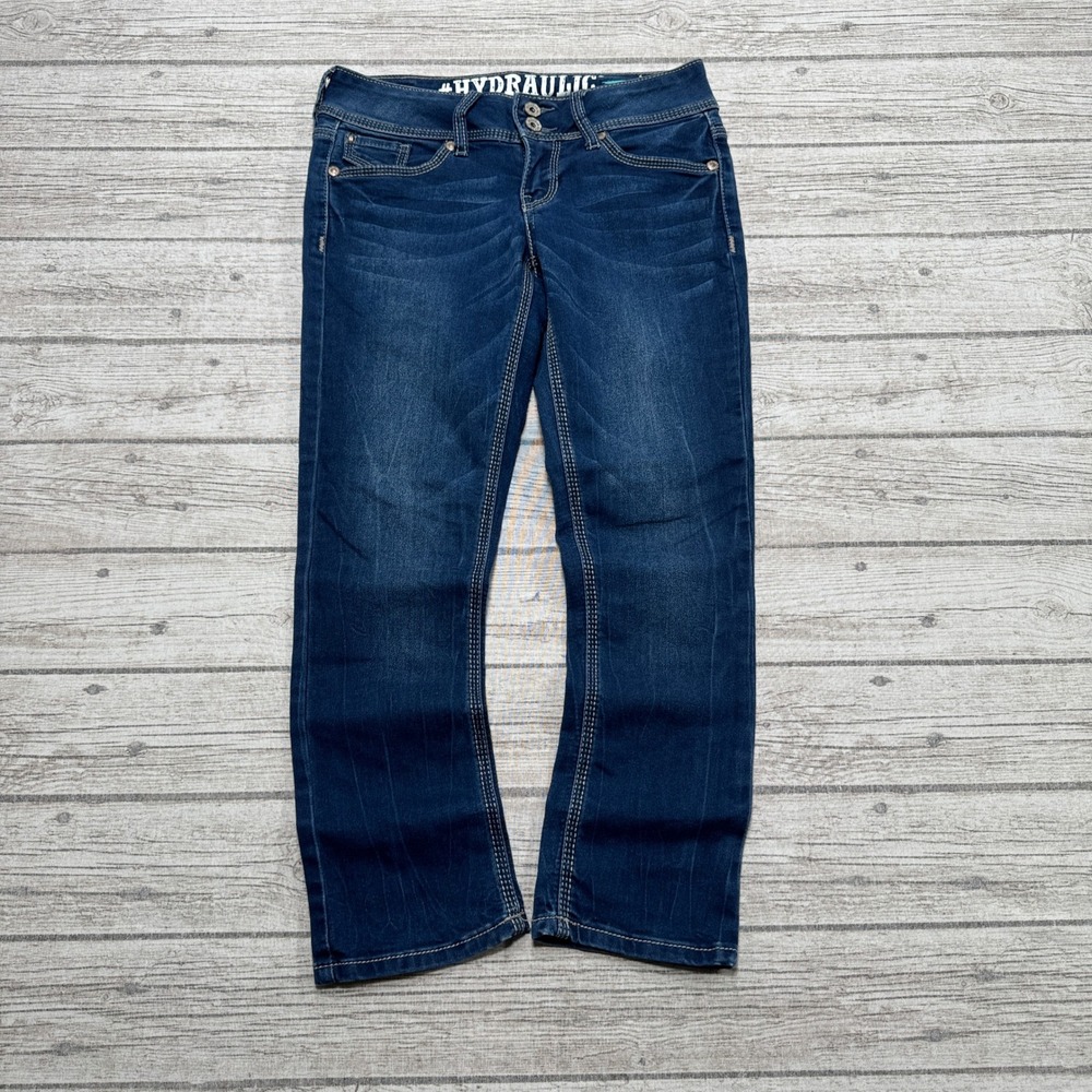 Y2K Hydraulic Jeans Womens 3/4 Blue Denim Dark Wash Low Rise Embellished Pockets